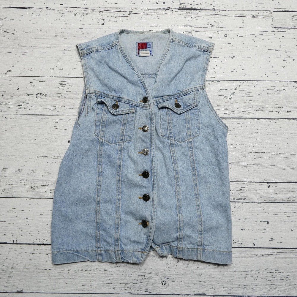 Vintage Sun Belt Denim Vest Womens Medium Jean Sleeveless Button‎ Up 90s Pockets